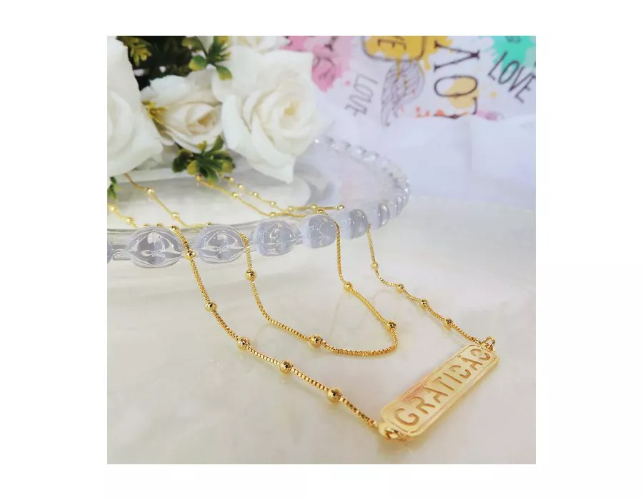 Colar com Corrente e Pingente Gratidão Folheado  Ouro 18k