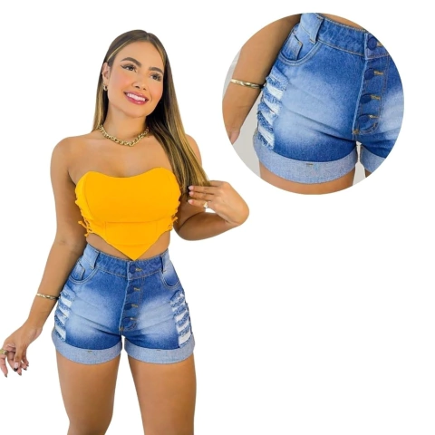 Short Jeans 4Botoes Cobertos Sky