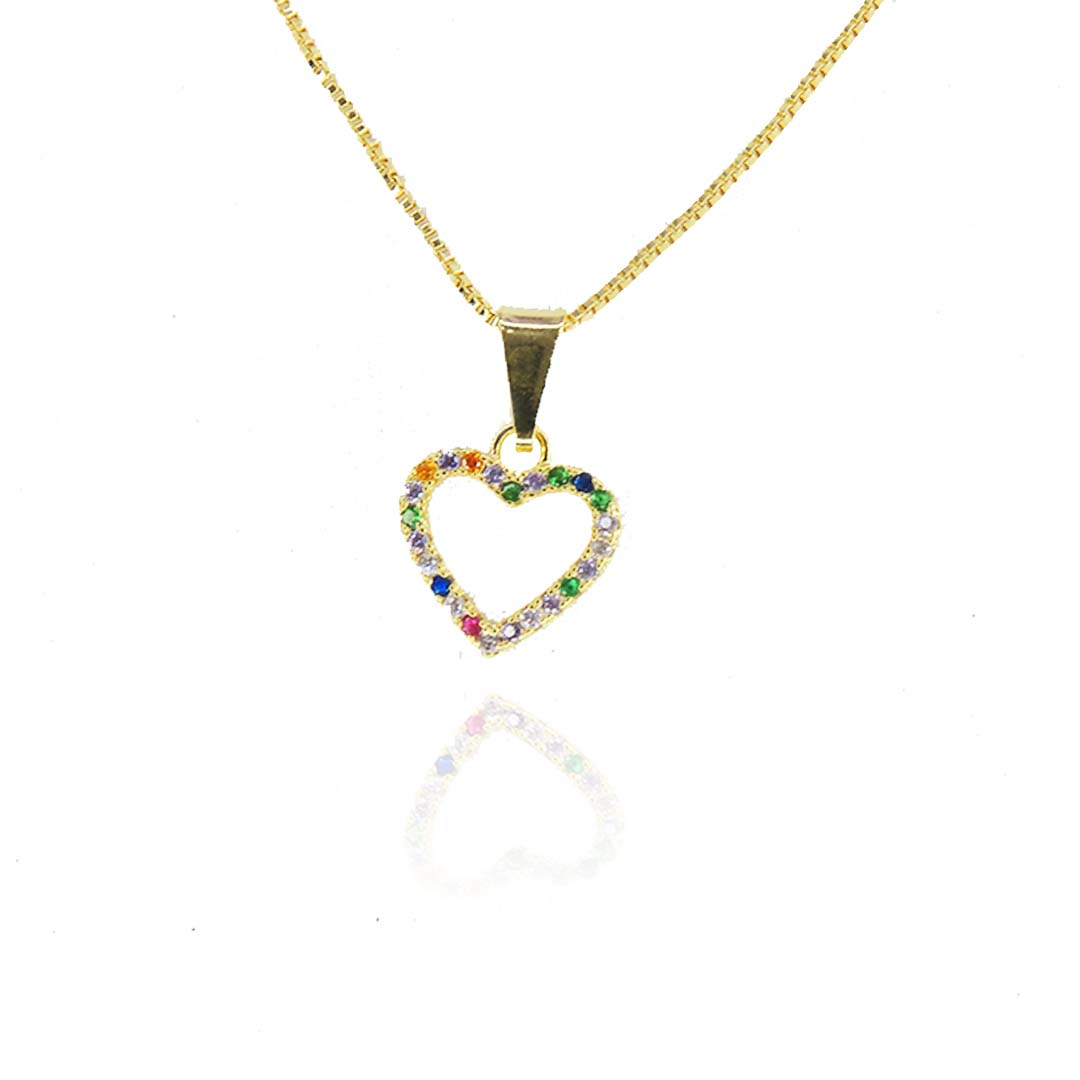 Colar Pingente Coração de Zircônias Coloridas Sortidas Folheado a Ouro 18k