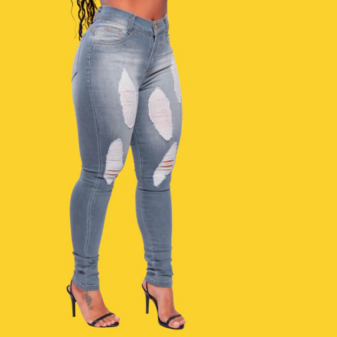 Calca Feminina Jeans Cinza Rasgada Efeito Rasgado Trendy