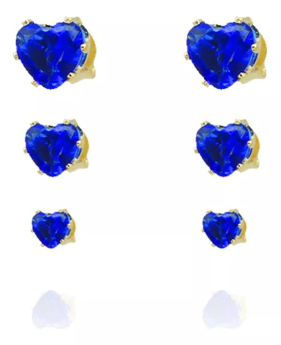 Trio Coração de Zircônia Azul Banhado em Ouro 18k