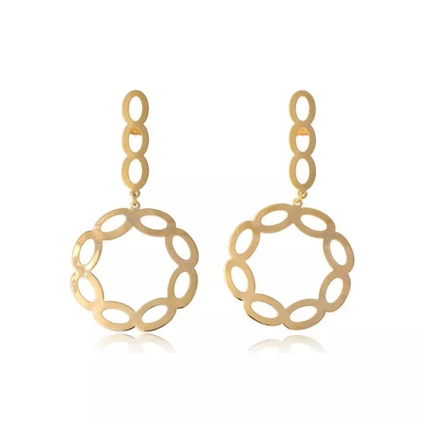 Brinco com Fio e Círculo com Arcos Folheado em Ouro 18k